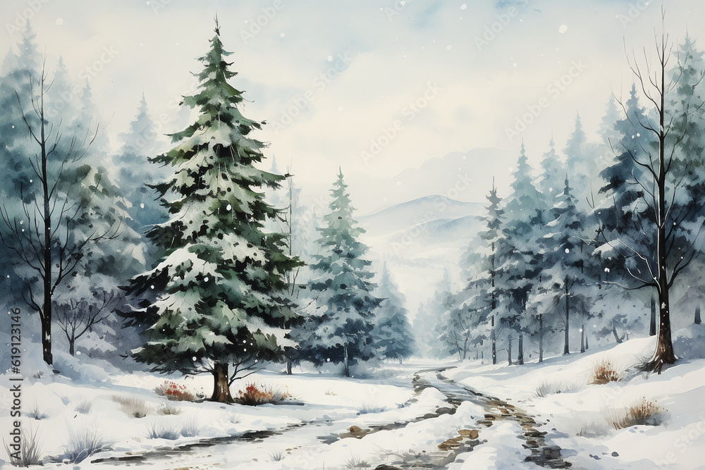Christmas tree, watercolor picture, retro postcard style. AI generative Christmas tree, watercolor picture, retro postcard style. AI generative