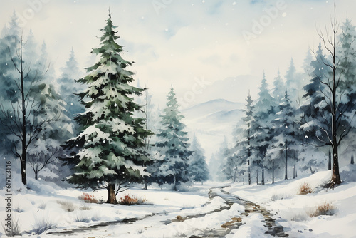 Christmas tree, watercolor picture, retro postcard style. AI generative