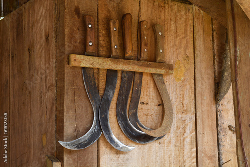 ferramentas de trabalho antigas do homem do campo em fazenda germanica photo