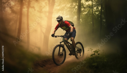 dark woman sunset summer green cycling forest bicycle bike sport walking. Generative AI.
