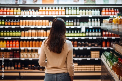 woman customer shopping for juice at supermarket or grocery store discount price on healthy fruit brand products. Generative Ai.