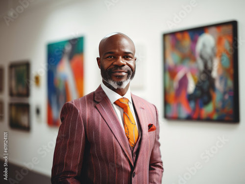A fictional person, not based on a real person: Attractive male African American art gallery owner in colorful suit, smiling and looking at camera while posing in his gallery with colorful paintings 