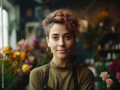 A fictional person, not based on a real person: Attractive young woman wearing casual clothes and apron smiling and posing confidently in her flower shop