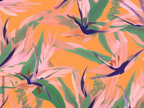 pink orange pattern flower seamless trendy tropical colorful jungle leaf. Generative AI.