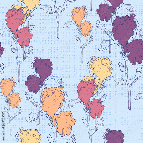 Irises seamless patterns Botanical for wrapping paper  textile and wallpaper. Engraved vintage style. Vector illustration.