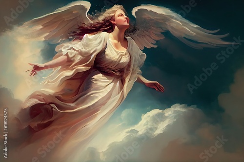 Angelic Angel Design Flying In Clouds Backdrop Generative AI
