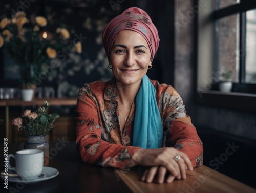 A fictional person, not based on a real person: Attractive middle-aged woman wearing a head scarf, smiling and looking at camera while posing at café