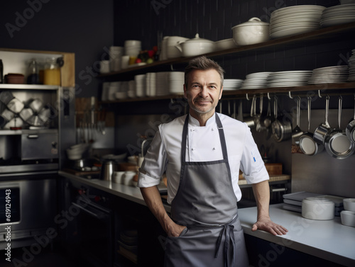 A fictional person, not based on a real person: Attractive middle-aged male chef in chef's coat looking at camera while posing confidently in kitchen