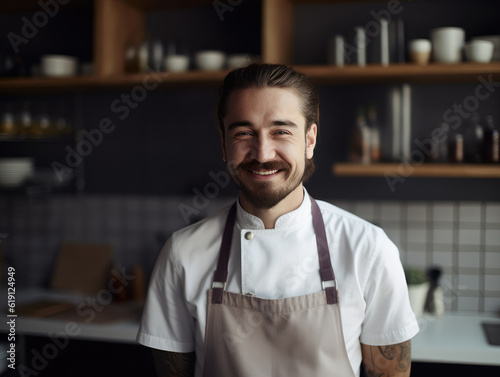 A fictional person, not based on a real person: Attractive young male chef in chef's coat looking at camera smiling while standing in kitchen
