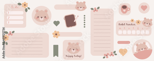 Kawaii digital stickers with cute bear. Digital note papers and stickers for bullet journaling or planning. Vector art.