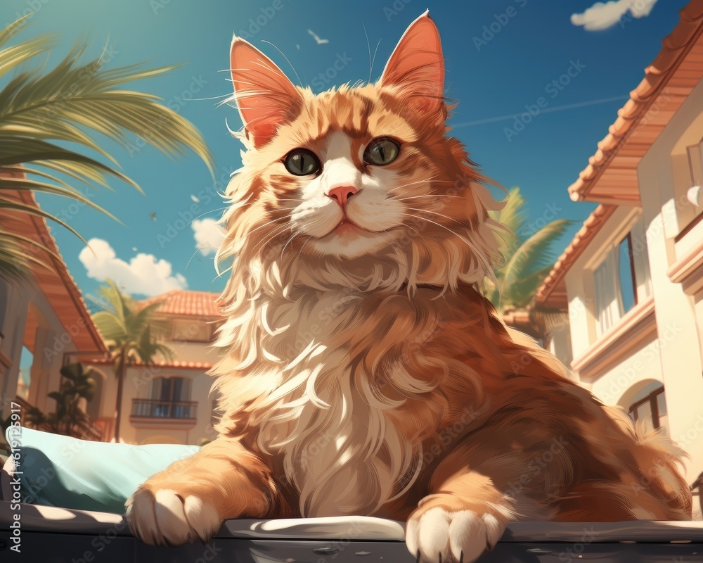 Obraz premium A cat on vacation is illustrated by the swimming pool. (Illustration, Generative AI)