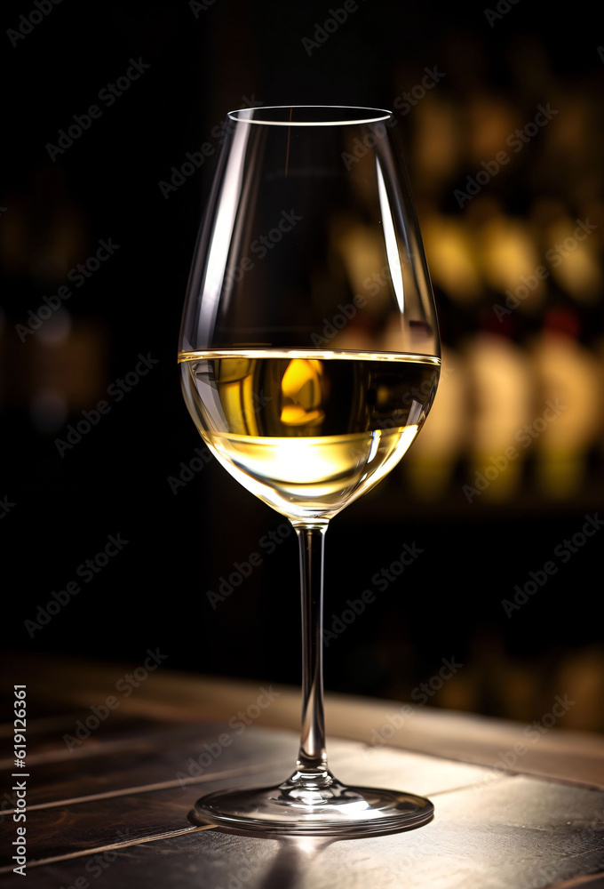 Verre de vin blanc sur un comptoir en bois, illustration de boisson, ia générative