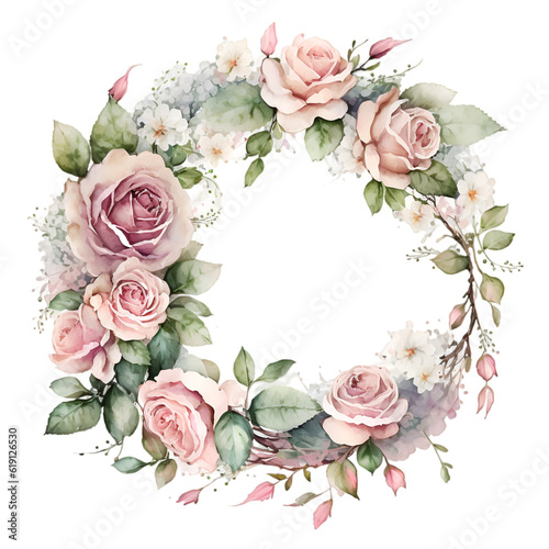 Watercolor wreath of pink roses illustration. Generative AI, png image.