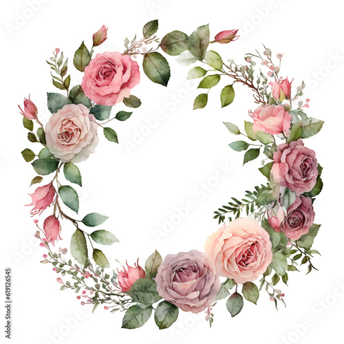 Watercolor  wreath of pink roses illustration. Generative AI  png image.