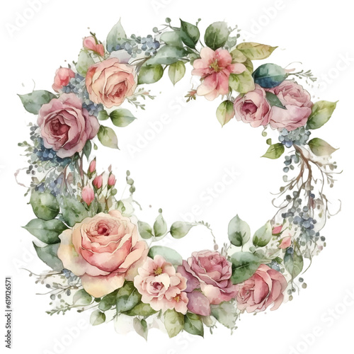 Watercolor
 wreath of pink roses illustration. Generative AI, png image.