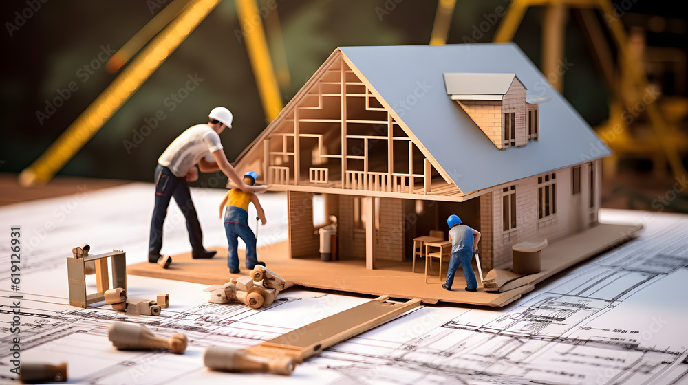 Fototapeta premium building house on blueprints with worker - construction project