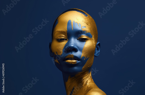 Portrait of a blue person with a gold mask