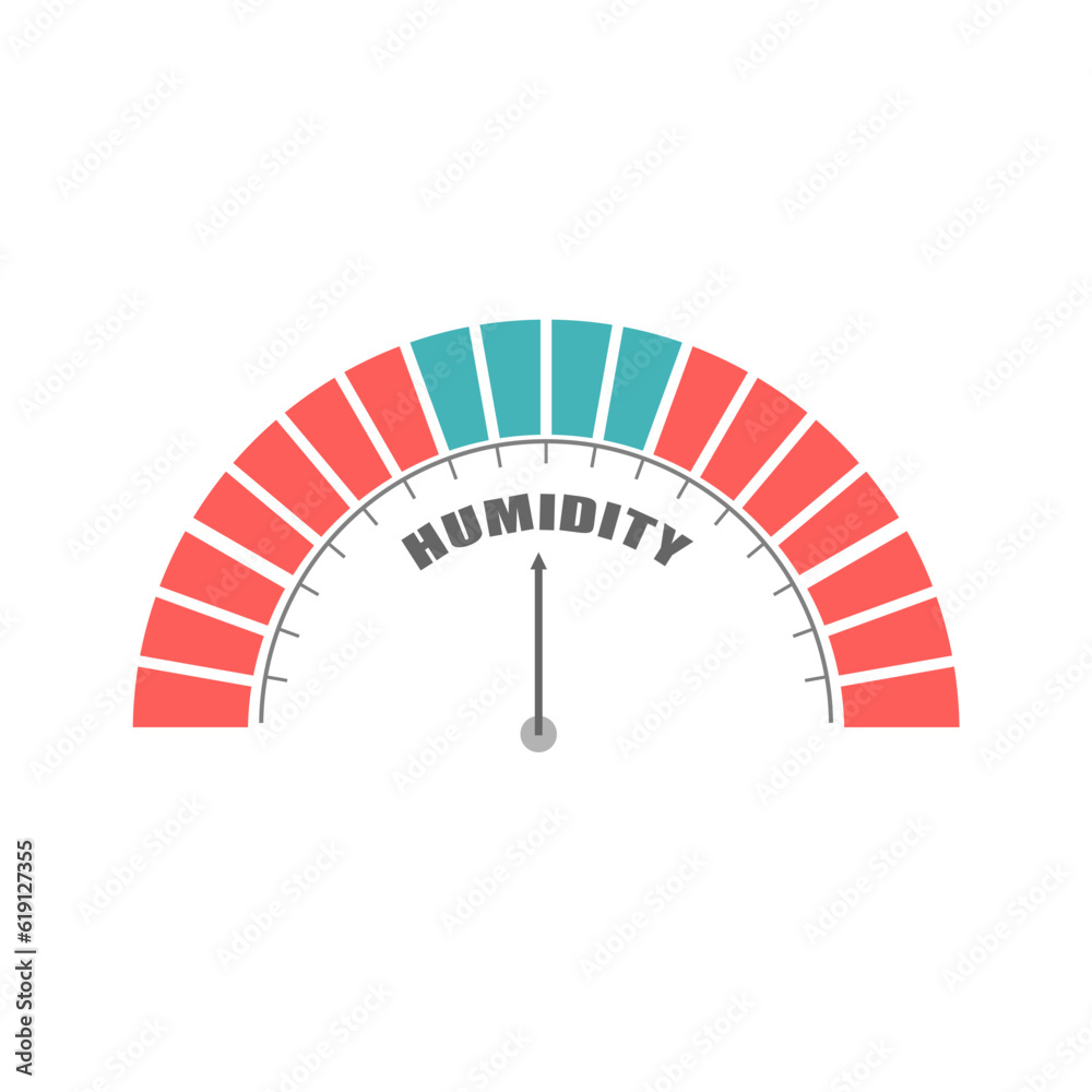 Humidity level on measure scale. Hygrometer mechanic round scale with arrow. Colorful infographic gauge element. - obrazy, fototapety, plakaty 