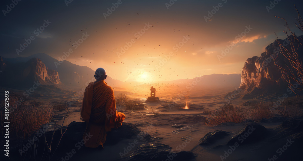 a monk sits on the top of a rocks in a river