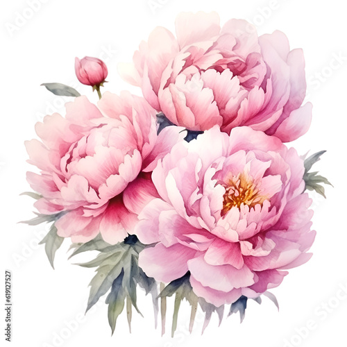 Watercolor  bouquet of pink peonies illustration. Generative AI  png image.