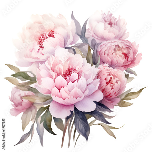 Watercolor bouquet of pink peonies illustration. Generative AI, png image.