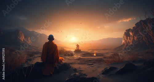 a monk sits on the top of a rocks in a river