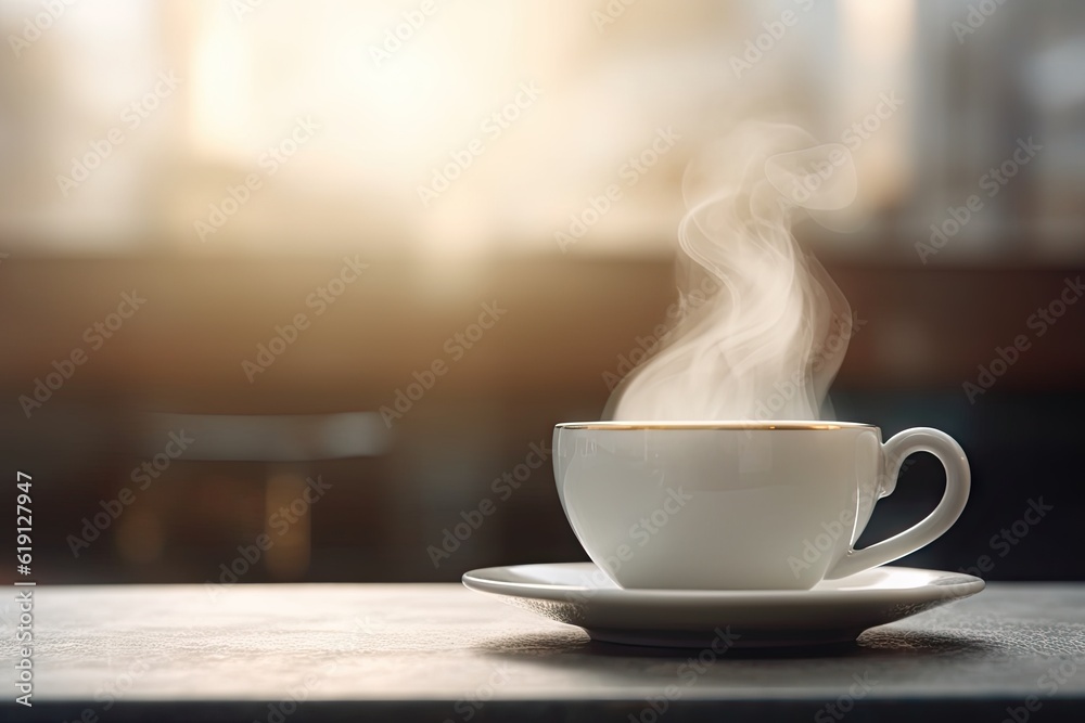White Coffee Cup on Wooden Table Top with Living Room Background. Copy Space for Home Concept White Coffee Cup on Wooden Table Top with Living Room Background. Copy Space for Home Concept