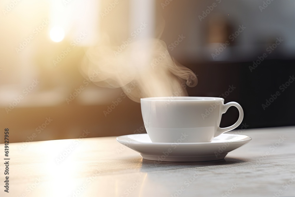 White Coffee Cup on Wooden Table Top with Living Room Background. Copy Space for Home Concept White Coffee Cup on Wooden Table Top with Living Room Background. Copy Space for Home Concept