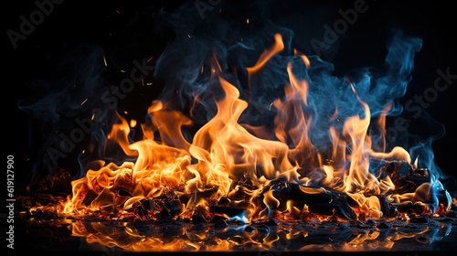 Bonfire with big orange wood fire burning in the dark night