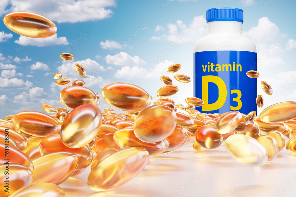 Vitamins group D3. Yellow pills on background sky. Packaging with D3