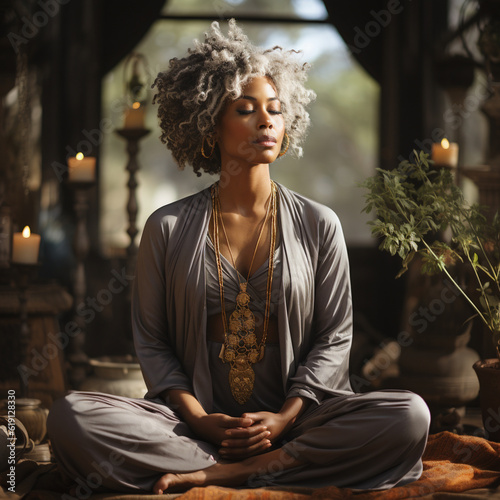 Older Black Woman Practicing Mindfulness, Calm, Relaxation Techniques for Mental Health