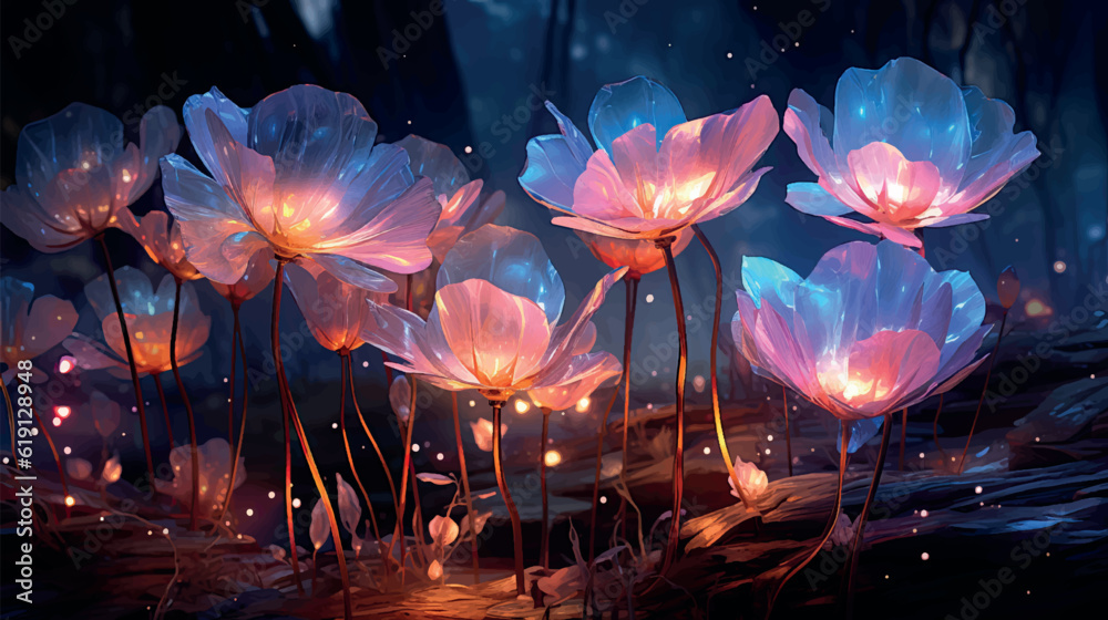 Naklejka premium Surreal night jungle with luminescent plants and flowers. Wonderful fantasy magical bioluminescent flowers. 3D rendering. Flowers glow in the dark 3d wallpaper. Floral background.