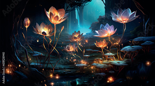 Surreal night jungle with luminescent plants and flowers. Wonderful fantasy magical bioluminescent flowers. 3D rendering. Flowers glow in the dark 3d wallpaper. Floral background.