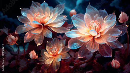 Surreal night jungle with luminescent plants and flowers. Wonderful fantasy magical bioluminescent flowers. 3D rendering. Flowers glow in the dark 3d wallpaper. Floral background.