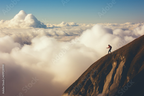 Landscape, business concept. Person standing on the top of the mountain above the clouds. Panoramic view with copy space. Person reached goal and success in life. Generative AI