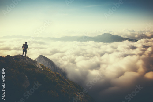 Landscape, business concept. Person standing on the top of the mountain above the clouds. Panoramic view with copy space. Person reached goal and success in life. Generative AI © Rytis