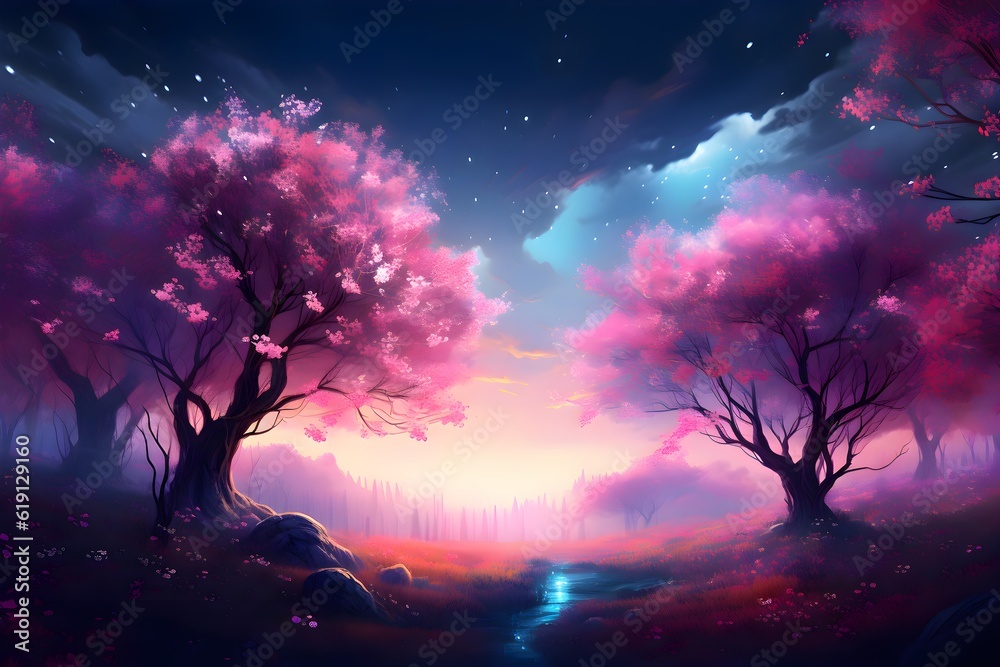 Tranquil Blossom Landscape. Beautiful blossom forest starry night sky. Colorful cherry blossom painting. Aurora Borealis and Nebulas. Tranquil Blossom Landscape. Beautiful blossom forest starry night sky. Colorful cherry blossom painting. Aurora Borealis and Nebulas.