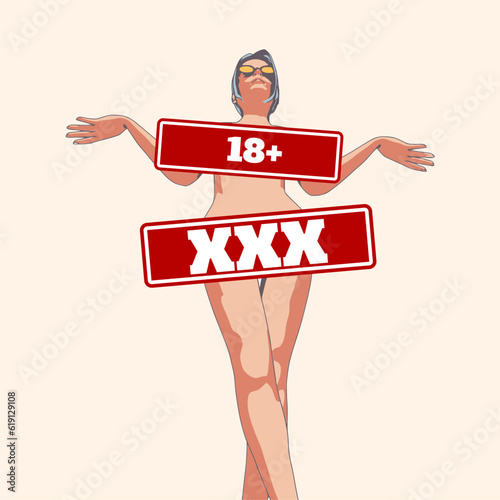 Adult 18 plus censorship. Concept of sensitive photo content. Internet safety. Young attractive woman