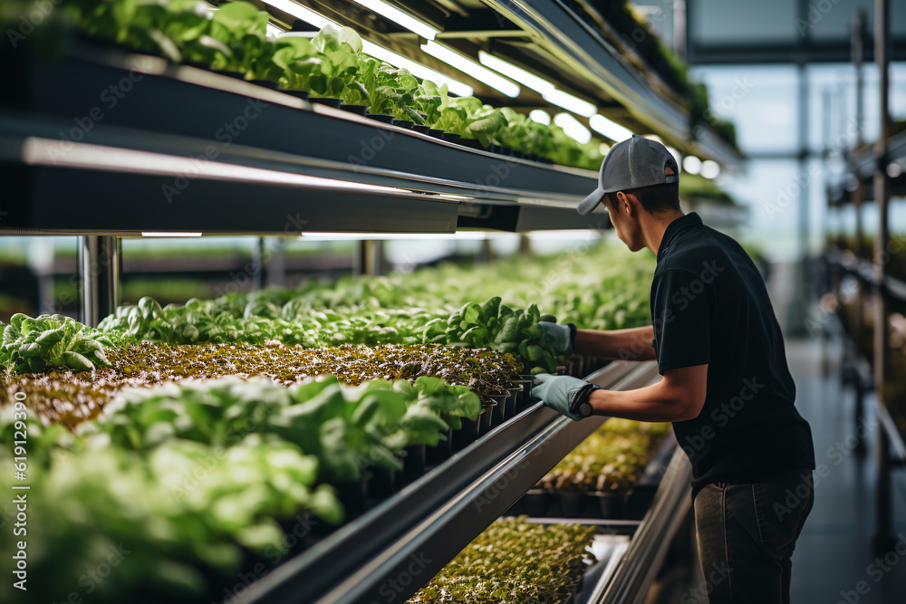 A man works in an organic food plantation with a large-scale hydroponic growing system 
Farmers work on a plantation to grow organic food. using generative AI tools