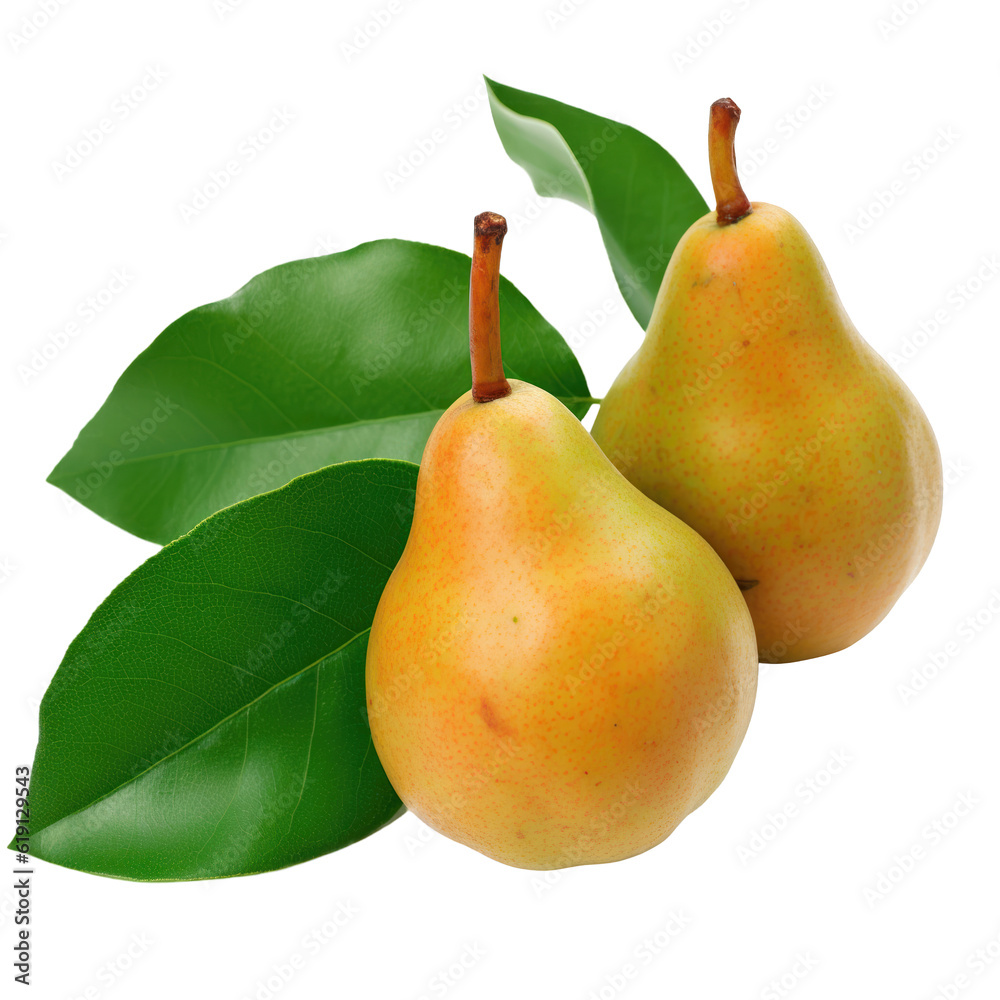 Delicious pears isolated on transparent background, png clip art, template for mark fruit flavor on label of product. Generated with AI. Delicious pears isolated on transparent background, png clip art, template for mark fruit flavor on label of product. Generated with AI.
