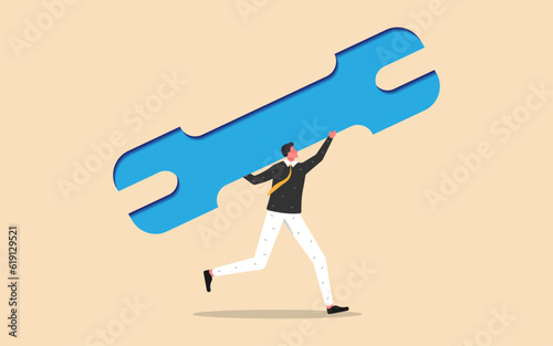 Businessman running carrying a heavy big wrench burden, flat vector illustration