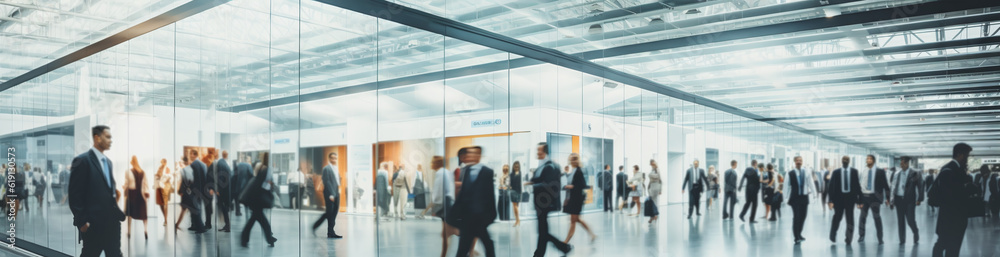 Blurred business people in business glass office background. Busy crowded modern office hallway with business people. Generative AI Blurred business people in business glass office background. Busy crowded modern office hallway with business people. Generative AI