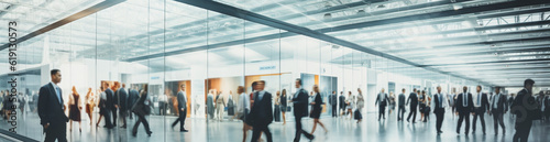 Blurred business people in business glass office background. Busy crowded modern office hallway with business people. Generative AI