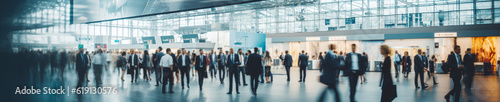 Blurred business people in business glass office background. Busy crowded modern office hallway with business people. Generative AI © muzhchil