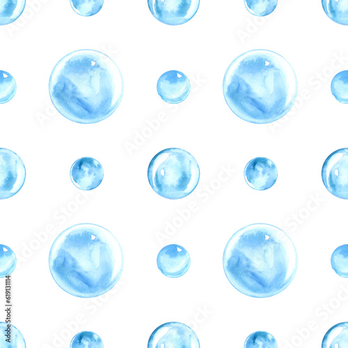 Blue bubbles watercolor illustration. Hand drawn round transparent ball. Seamless pattern on white background.