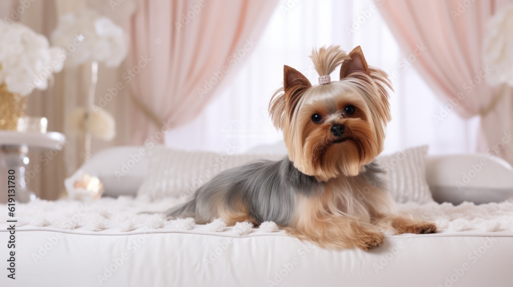 Cute domestic Yorkshire terrier dog in a cozy well lit bedroom. Indoor background with copy space. Generated with AI. Cute domestic Yorkshire terrier dog in a cozy well lit bedroom. Indoor background with copy space. Generated with AI.