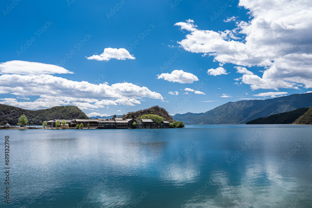 lake and mountains in the summer