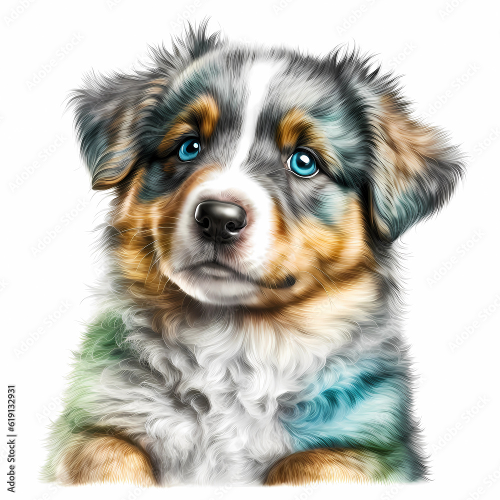 Australian shepherd puppy dog portrait, realistic.