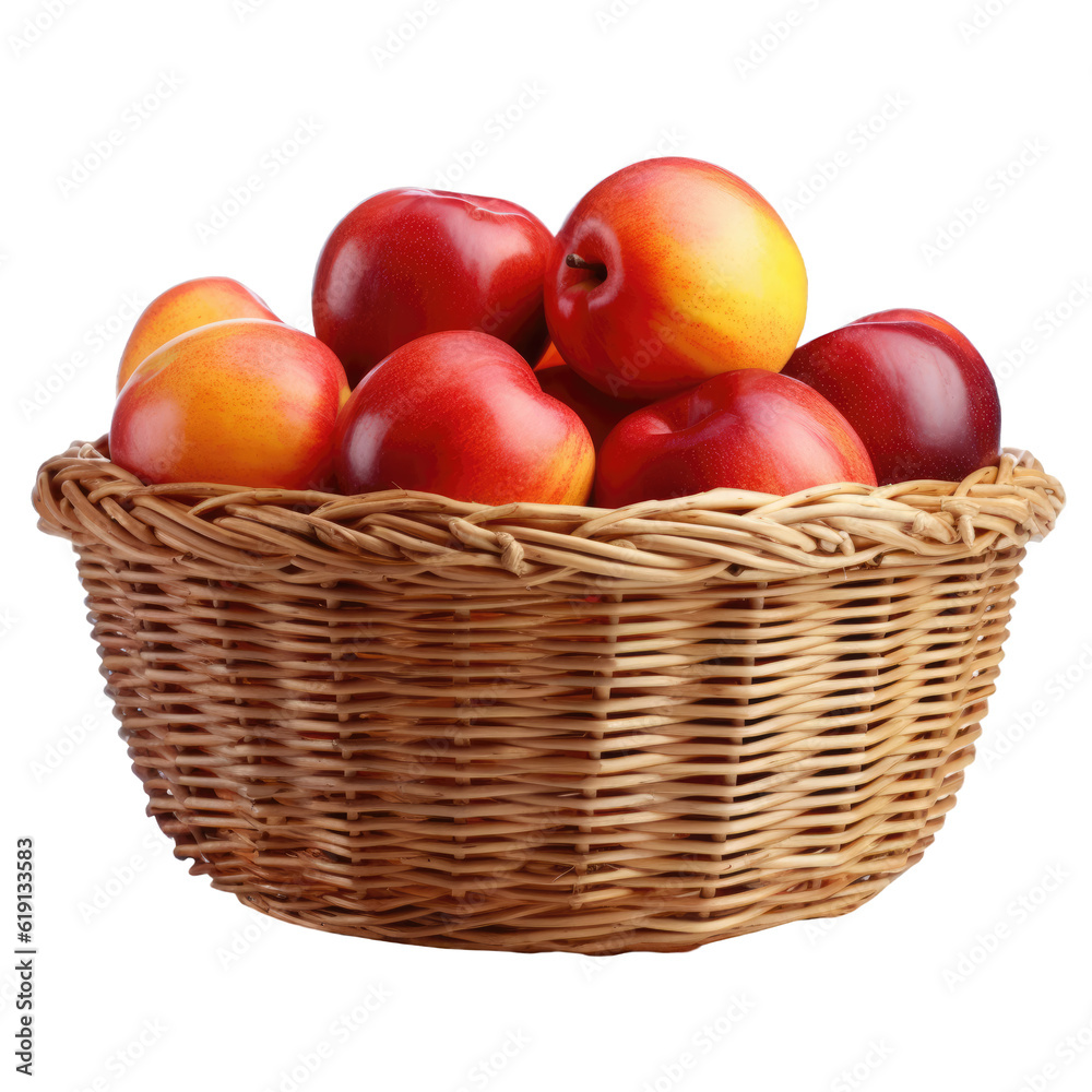 Wicker basket full of delicious ripe and sweet plums isolated on transparent background, png clip art. Template for fruit flavor mark. Generated with AI.