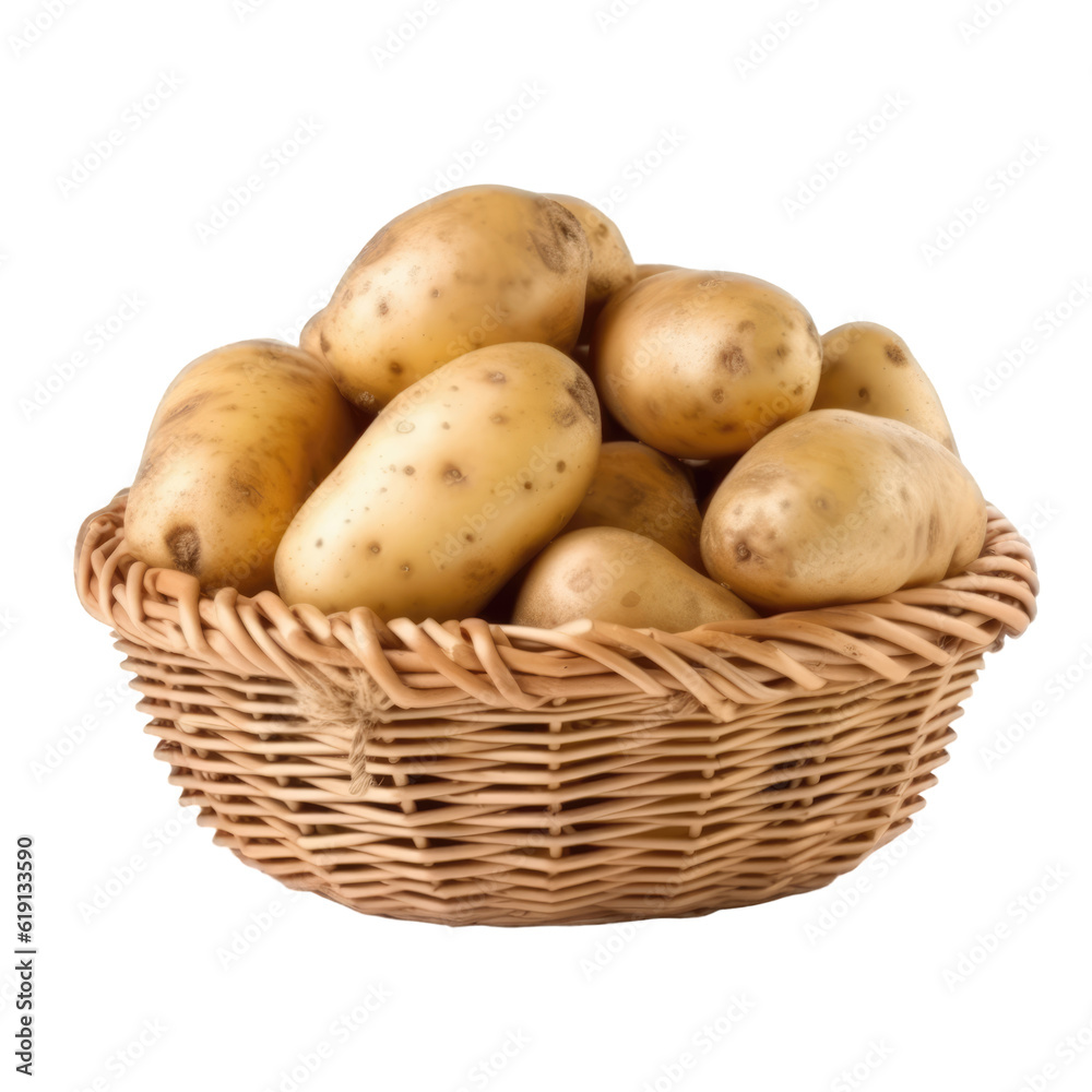 Wicker basket full of organic natural potatoes isolated on transparent background, png clip art. Generated with AI. Wicker basket full of organic natural potatoes isolated on transparent background, png clip art. Generated with AI.
